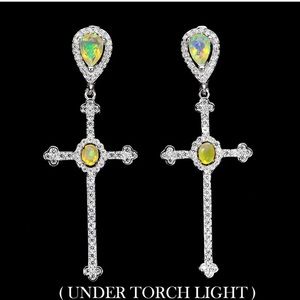 Earrings unheated Pear Fire Opal 6x4mm Simulated CZ 925 Silver Cross 48x17mm